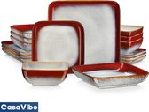 CasaVibe Luxe Bordenset - Serviesset - Kommen set - Borden - Dinerborden - set van 16 - 4 persoons - Rood - Wit