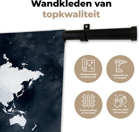 Wandkleed WereldkaartenKerst illustraties - Lichtblauwe en witte wereldkaart voor een achtergrond van donkerblauwe waterverf Wandkleed katoen 60x40 cm - Wandtapijt met foto