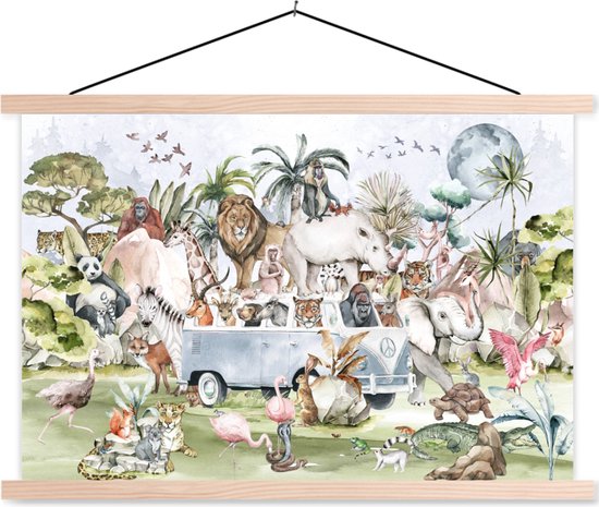 Schoolplaat safari - Schoolplaat kinderen - Jungle - Bus - Dieren - Kinderen - Planten - Decoratie kinderkamers - 150x100 cm
