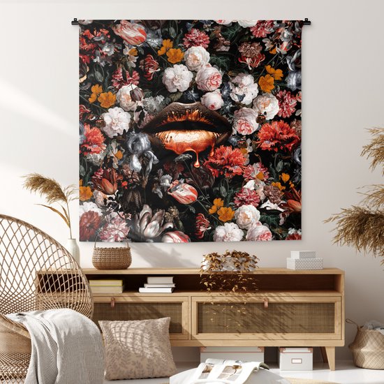 Wandkleed - Wanddoek - Lippen - Bloemen - Verf - Oranje - Kunst - Abstract - Oude meesters - 120x120 cm - Wandtapijt