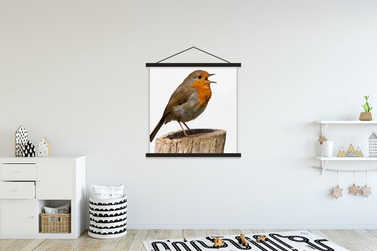 Posterhanger incl. Poster 120x120 cm - Schoolplaat - Roodborstje - Vogel - Hout - Textielposter - Zwarte latten