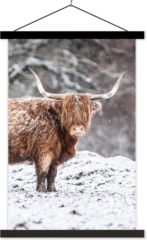 Posterhanger incl. Poster - Schoolplaat - Schotse Hooglander - Boom - Sneeuw - 60x90 cm - Zwarte latten