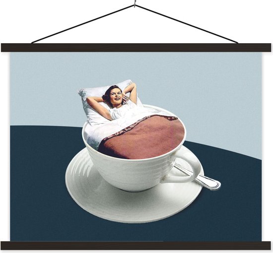 Porte-affiche avec affiche - Affiche scolaire - Femme - Café - Vintage - 60x45 cm - Lattes noires