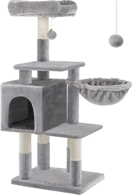 Grote Krabpaal voor meerdere Katten, Kat Condo met Hangmat, Kattenpaal, 143 cm, lichtgrijs