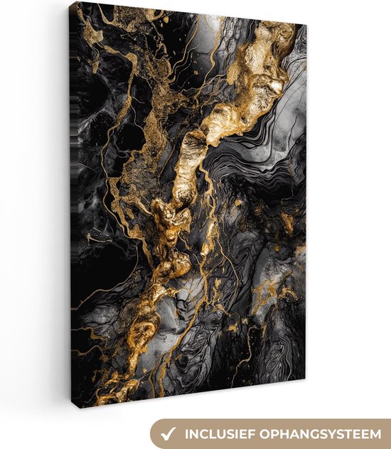 Canvas schilderij 40x60 cm - Marmer zwart goud - Kamer decoratie accessoires - Schilderijen woonkamer - Zwarte wanddecoratie slaapkamer - Gouden muurdecoratie keuken - Wanddoek interieur binnen - Woondecoratie huis