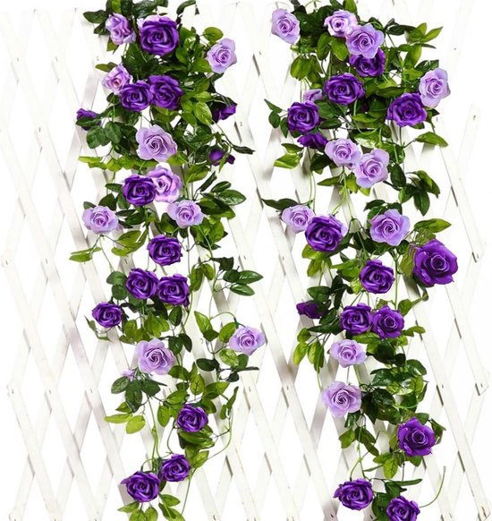 2 pièces guirlande de roses artificielles bicolores de 240 cm de long, fleurs en soie suspendues, fleurs artificielles pour usage extérieur et intérieur, décoration de mariage et murale (violet)