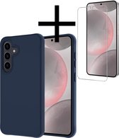 Hoes Geschikt voor Samsung S24 Hoesje Cover Siliconen Back Case Hoes Met Screenprotector - Donkerblauw