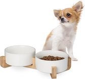 Relaxdays dubbele hondenvoerbak - keramische eetbak 850 ml - hondenbak met bamboe houder - wit