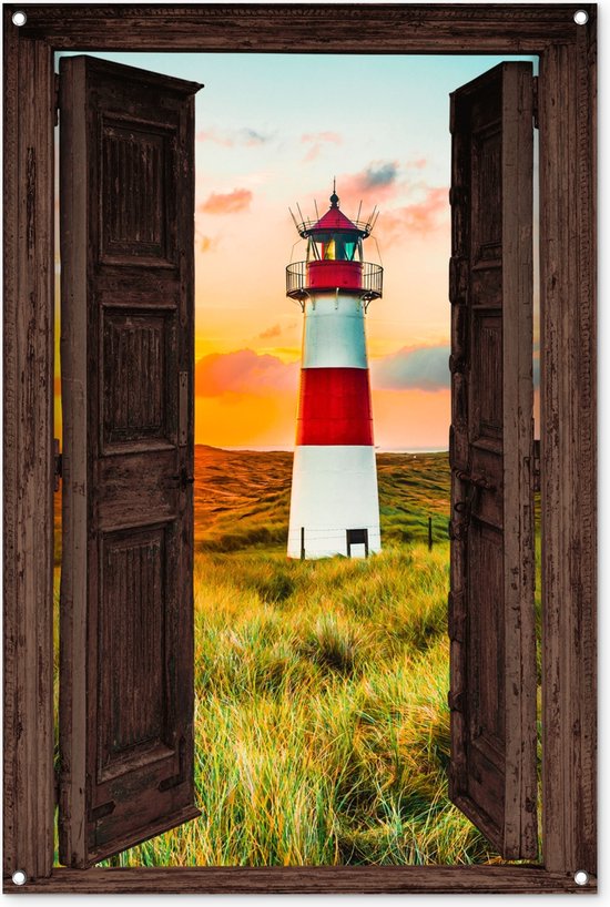 Affiche de jardin 80x120 cm - Phare - Vue - Nature - Soleil - Paysage - Plage - Mer - Porte marron foncé - Décoration de jardin extérieur - Décoration de clôture - Décoration murale murale - Peinture de Jardin - Toile de jardin - Affiche d'extérieur