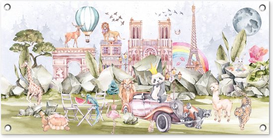 Tuinposter Parijs - Regenboog - Kinderen - Roze - Meisjes - Dieren - 80x40 cm - Wanddecoratie Buiten - Tuinposter - Tuindoek - Schuttingposter - Tuinschilderij