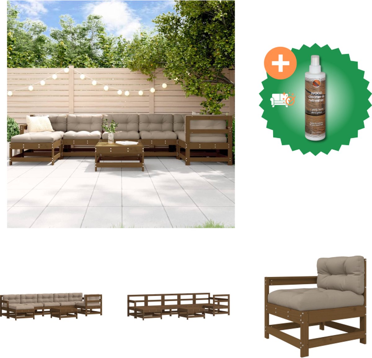 VidaXL Loungeset Grenenhout 3x Middenbank 3x Tuinstoel 2x Voetenbank Salontafel Honingbruin 110kg zitplek draagvermogen Tuinset Inclusief Houtreiniger en verfrisser
