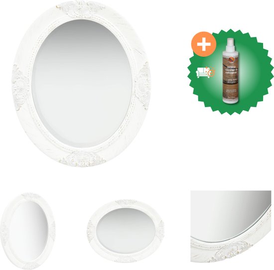 vidaXL Wandspiegel Barok Wit - 50 x 60 cm - Ovaal - Spiegel - Inclusief Houtreiniger en verfrisser