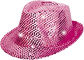 Pailletten feest hoedje fuchsia roze met LED lichtjes - Carnaval verkleed hoeden