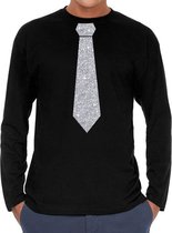 Zwart long sleeve t-shirt met stropdas in glitter zilver heren - zwart feest shirt met lange mouwen voor heren M