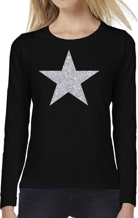 Ster zilver glitter t-shirt long sleeve zwart dames- zwart shirt met lange... | bol.com