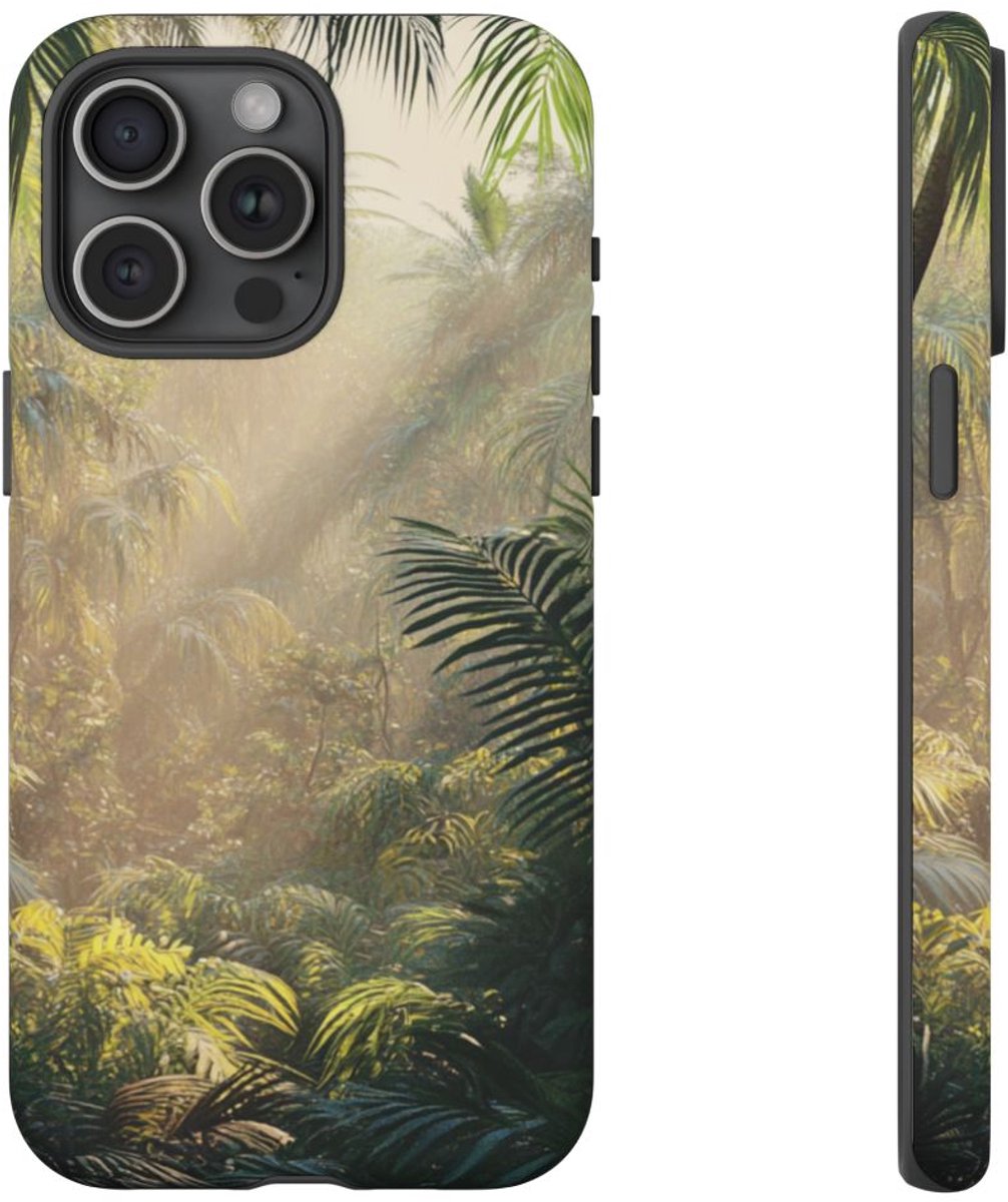 Tropisch Bos met Zonnestralen – Telefoonhoesje Geschikt voor iPhone 15 Pro Max