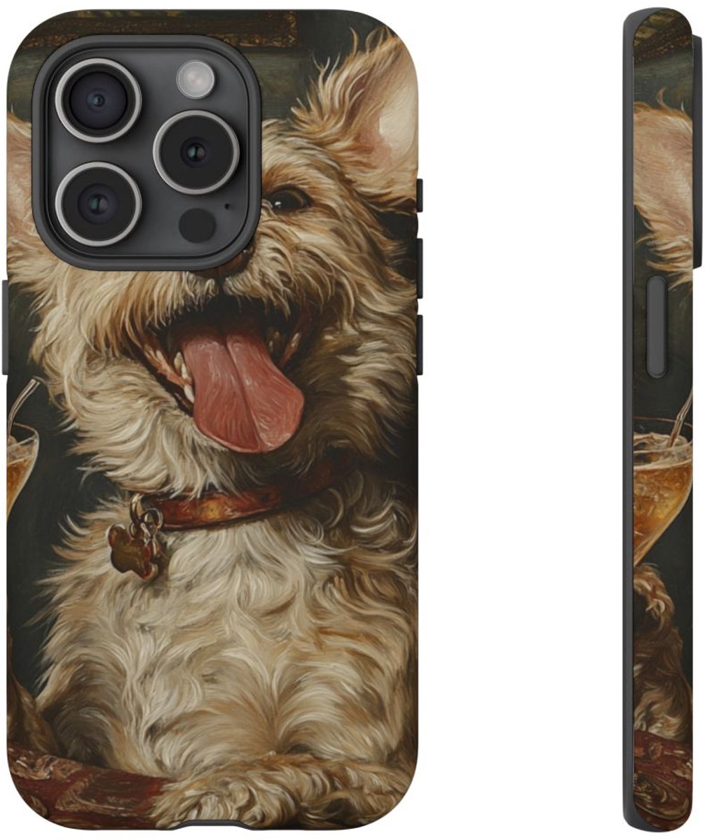 Vrolijke Terrier met Cocktail – Telefoonhoesje Geschikt voor iPhone 15 Pro