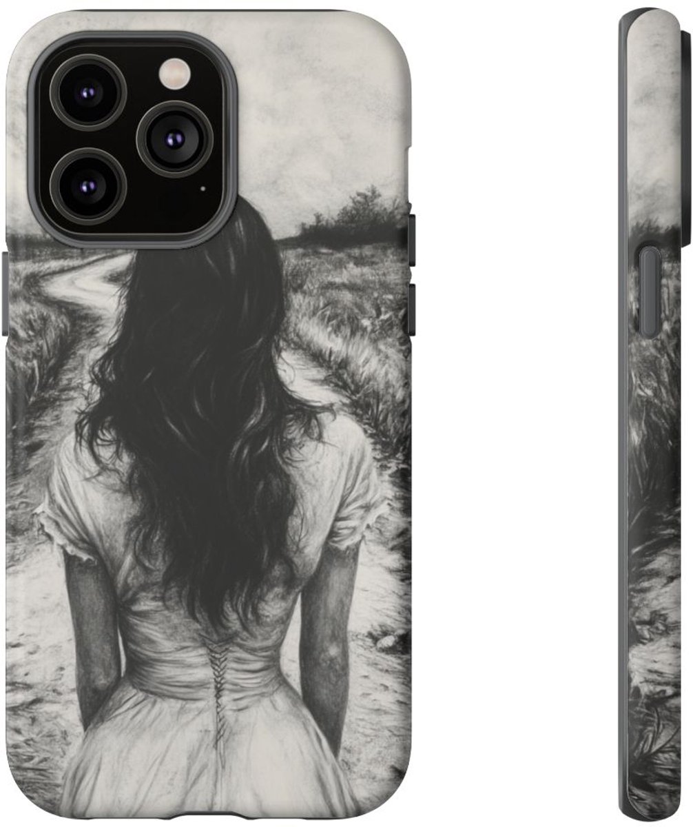 Vrouw in Witte Jurk op Landweg – Telefoonhoesje Geschikt voor iPhone 14 Pro Max