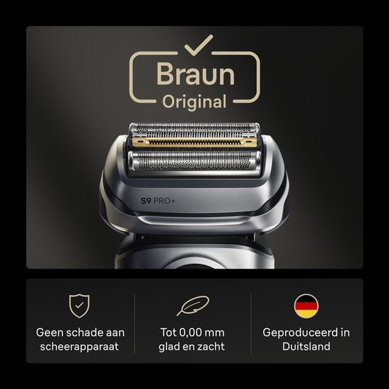 Tête de rasoir Braun Series 9 PRO+, argent avec lames dorées, sur fond sombre.