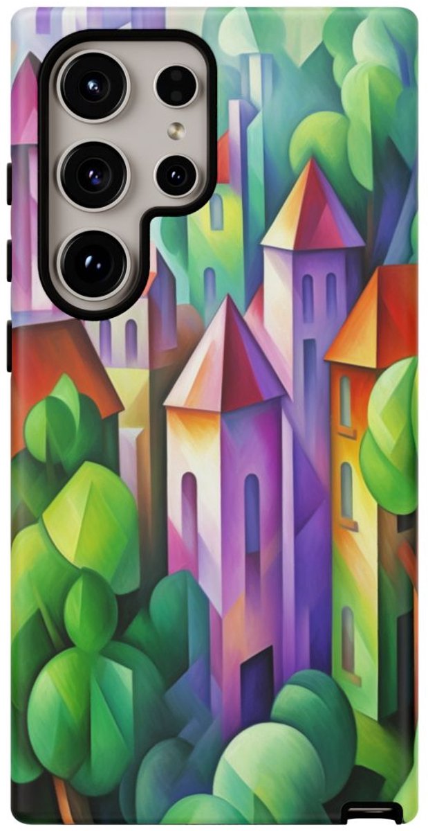Kleurrijk Abstract Dorp met Landschap – Telefoonhoesje Geschikt voor Galaxy S24 Ultra