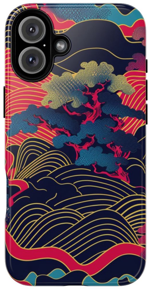Neon Japanse Landschapspatroon – Telefoonhoesje Geschikt voor iPhone 16 Plus