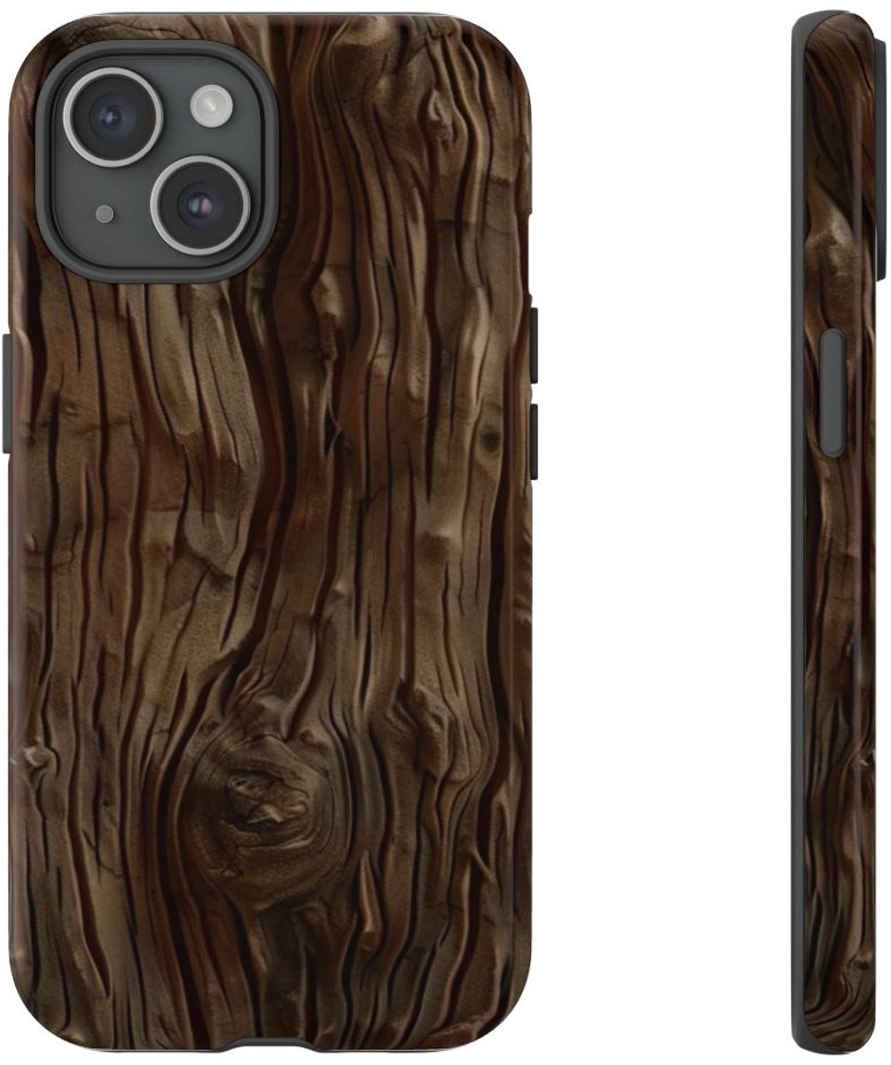 Donkerbruine Houtstructuur met Glanzend Effect – Telefoonhoesje Geschikt voor iPhone 15