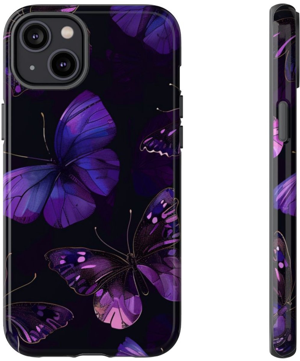Paars Vlinderpatroon – Telefoonhoesje Geschikt voor iPhone 14 Plus