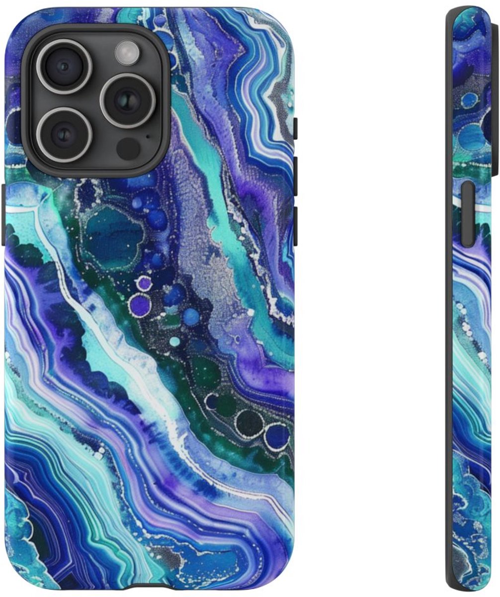 Blauw en Paars Geode-Wervelpatroon – Telefoonhoesje Geschikt voor iPhone 15 Pro Max