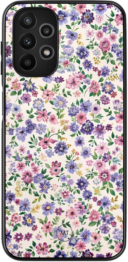 Étui de téléphone avec un motif floral violet et rose sur fond crème.