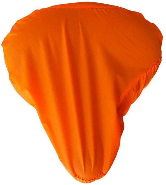 Oranje fietszadelhoes, gladde stof, elastische sluiting aan de onderkant.