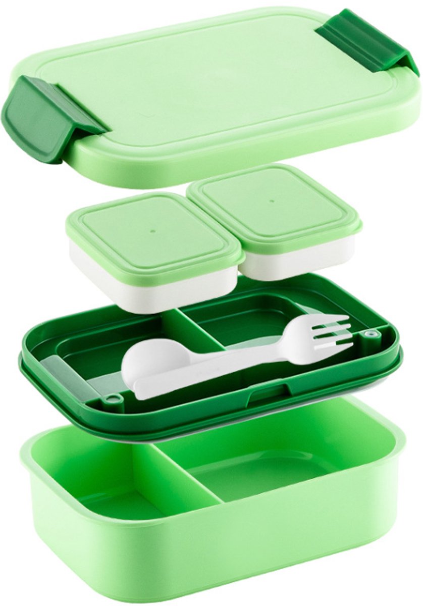 Lunchbox - Bentobox - inclusief bestek - 23*15*8cm - lunchboxen - Broodtrommel - lunchbox met vakjes - 5 compartimenten - geschikt voor uit eten gaan - werk en picknicks - magnetron - vaatwasser - en vriezerbestendig - Groen