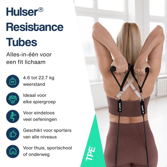 Vrouw traint met Hulser weerstandsbanden (TPE) voor een fit lichaam.