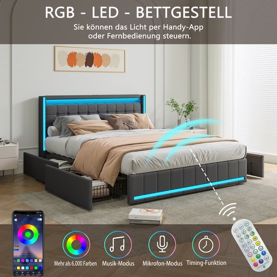 Bed met zachte bekleding , 140 x 200 cm, led-tweepersoonsbed met 4