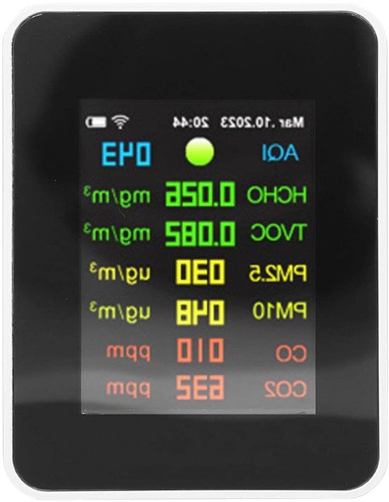 5 In1 Indoor Luchtkwaliteit Monitor CO2 HCHO TVOC AQI Meter Detector Tester temperatuur en vochtigheid kleurrijke LCD scherm Zwart