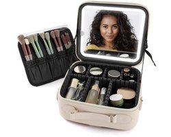 Illinara - Make-up Koffer met Verlichte LED Spiegel - Touchscreen Beautycase en Toilettas - Inclusief Opbergtas - Reistas 23x26x15 cm - Beige