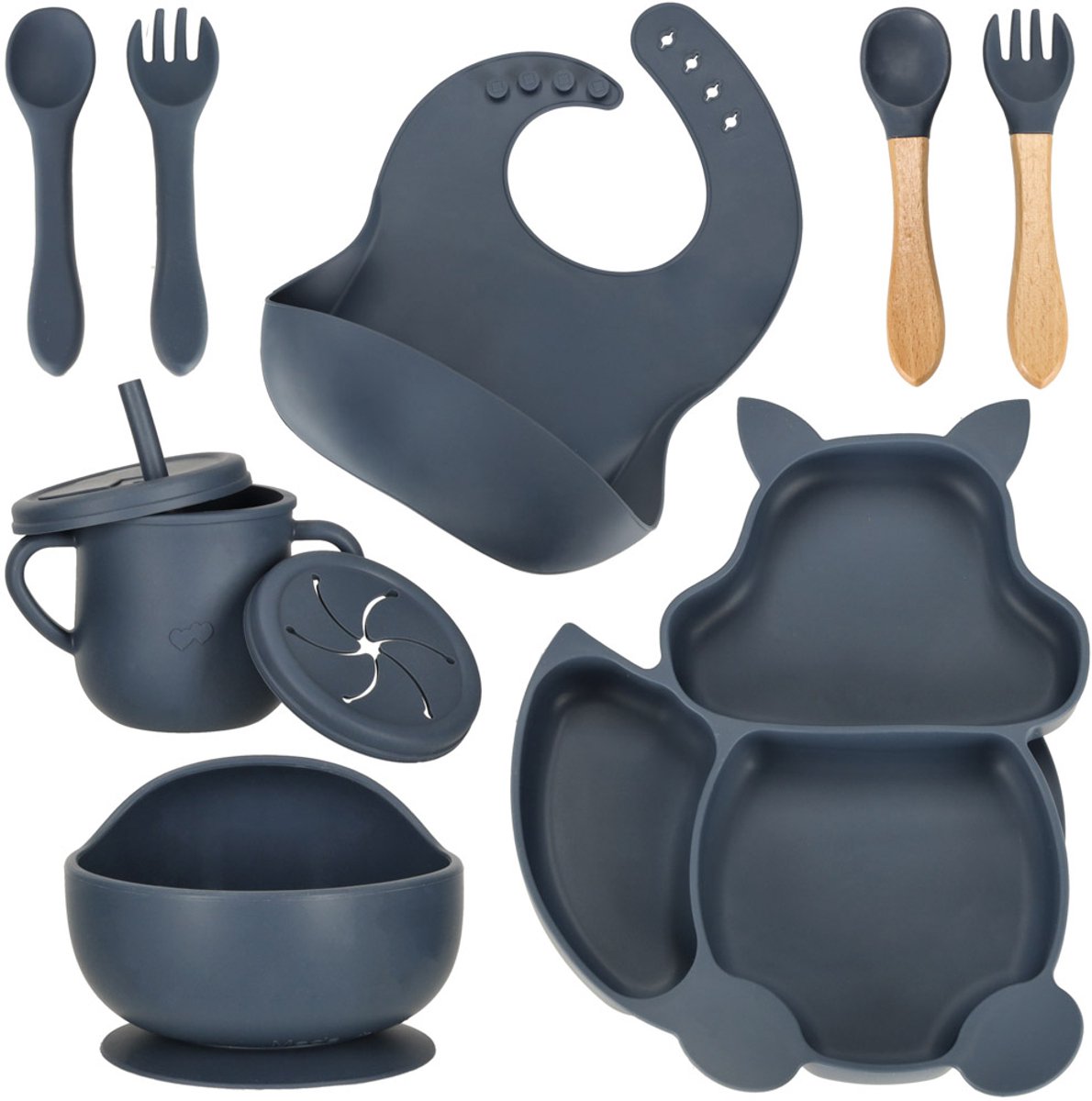 Image of 9-Delig Siliconen Voedingsset voor Kinderen - Kinderservies - Baby Servies - Baby Eetset - Zuigkom - Eetlepel - Vakjesbord, Vork & Sippy Cup met Slabbetje - BPA-Vrij - Blauw - Eekhoorn