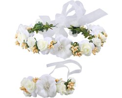 Allecto Plus - Bloemenkrans dames en meisjes voor bruidsfotografie en festivals beige M met bloemenpolsband