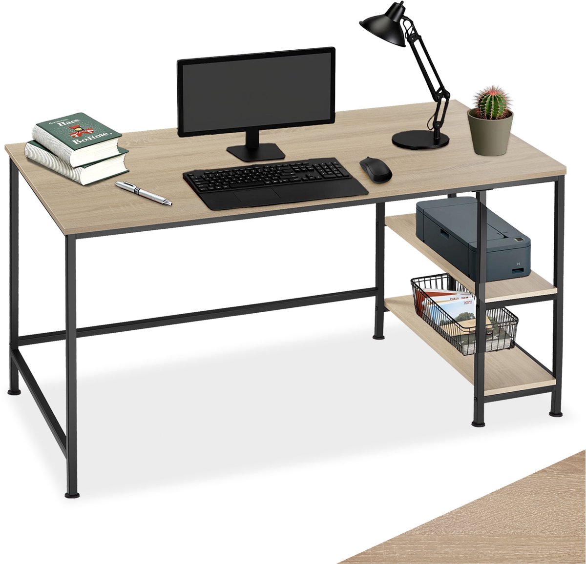 tectake® Bureau met bergruimte - Computerbureau met 2 planken - Bureautafel van hout en metaal - Industrieel design - Zwart metalen frame - Afmetingen (LxBxH) 120 x 60 x 75,5 - Lichtbruin