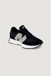Zwarte New Balance 327 sneaker met beige luipaardprint N-logo en witte zool.