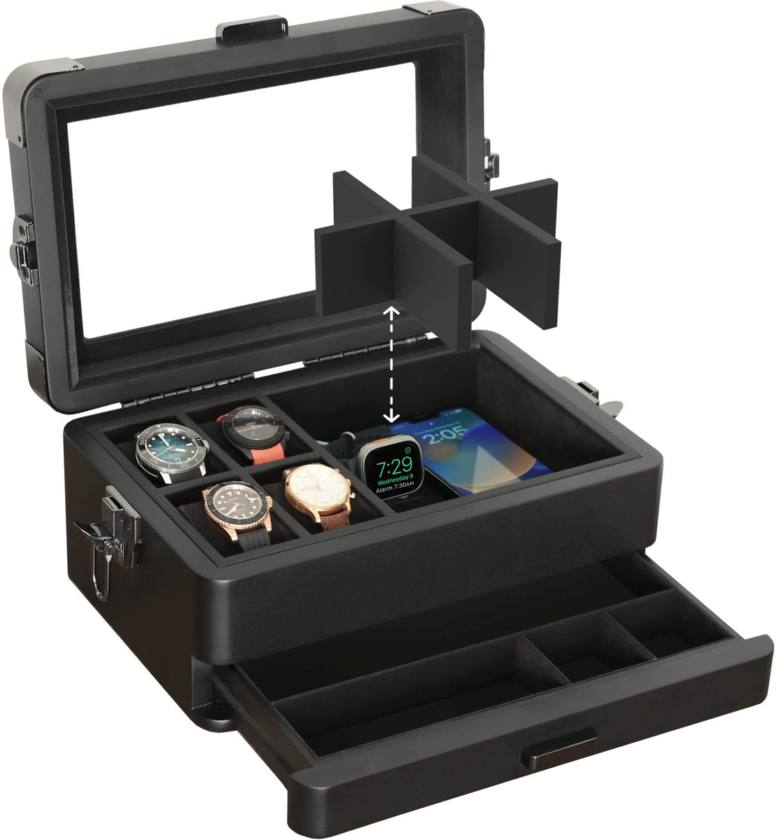 CASE ELEGANCE Militaire horlogebox met 10 compartimenten voor heren, echt glazen bovenkant, modulaire valet tray, Apple Watch compatibel met Apple Watch-standaard - zwart