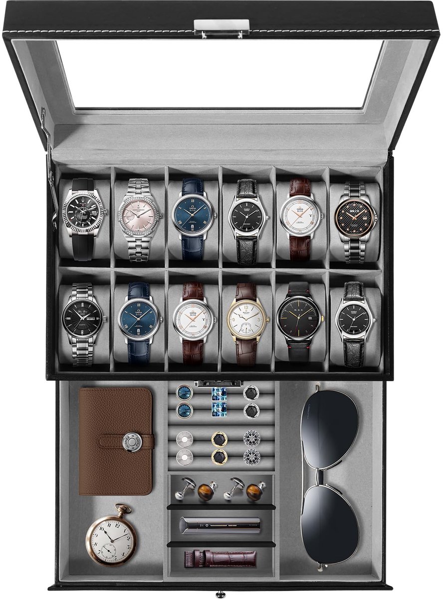 Uten Watch Box 12 Horloges, Horlogebox voor Heren, Sieradendoos voor Dames, Horlogekast met Lade, Sleutel, Kerstcadeaus, Zwart