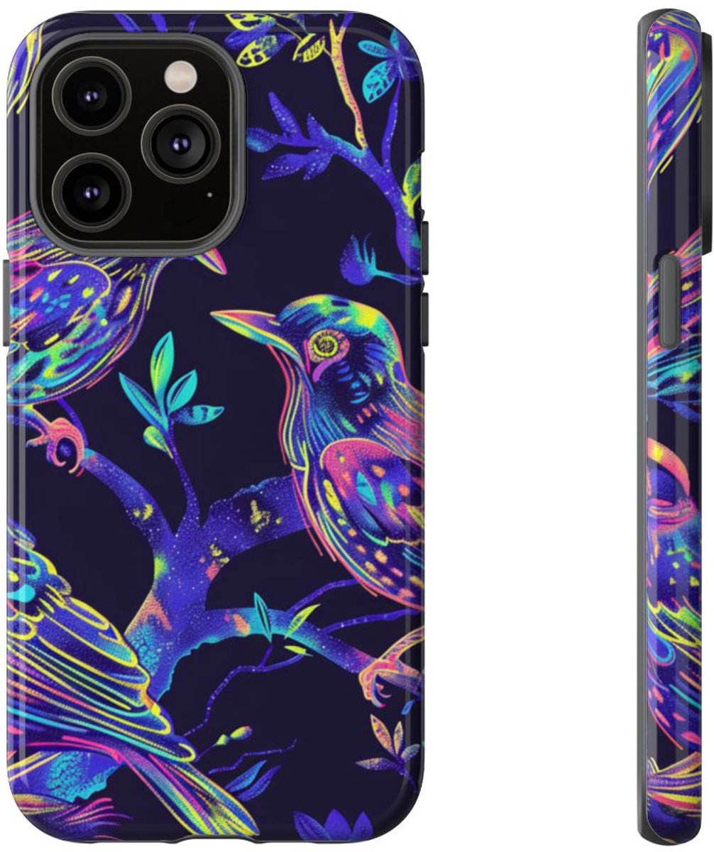 Neonkleurige Vogels op Takken – Telefoonhoesje Geschikt voor iPhone 14 Pro Max