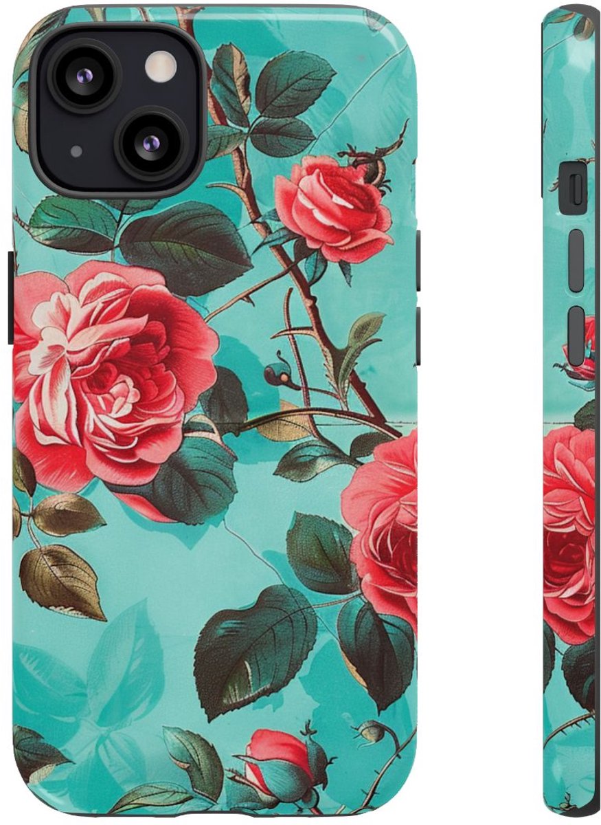 Rode Rozen op Turquoise Achtergrond – Telefoonhoesje Geschikt voor iPhone 13