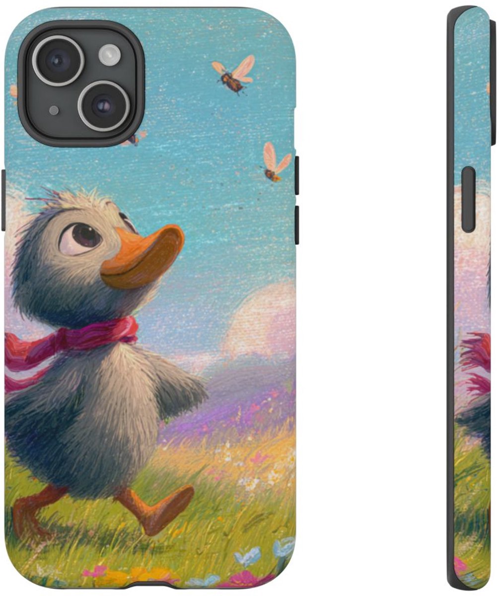Vrolijk Eendje in Lenteweide – Telefoonhoesje Geschikt voor iPhone 15 Plus