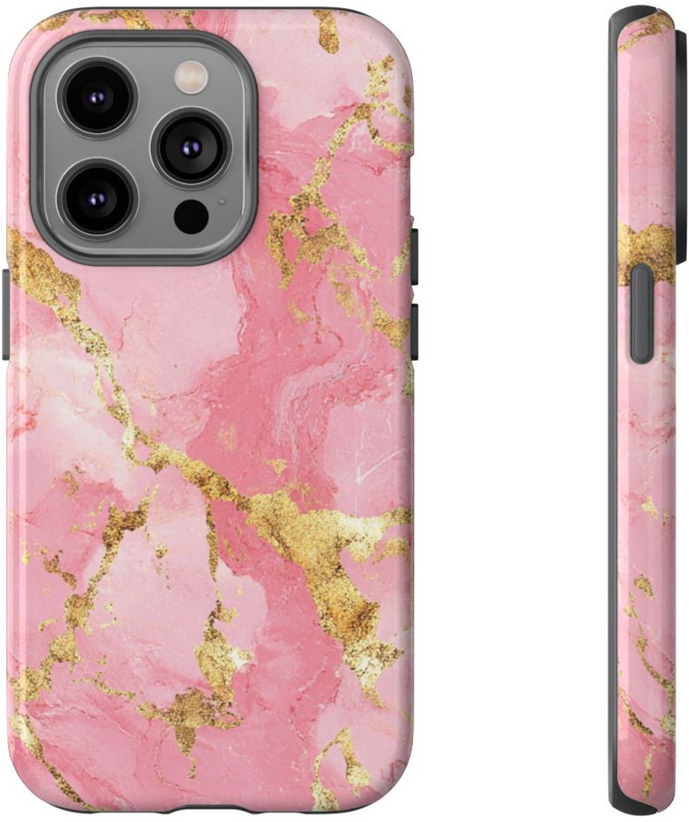 Roze en Gouden Marmerstructuur – Telefoonhoesje Geschikt voor iPhone 14 Pro