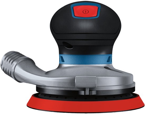 Bosch excenterschuurmachine met rode schuurschijf en grijze uitgang voor stofafzuiging.