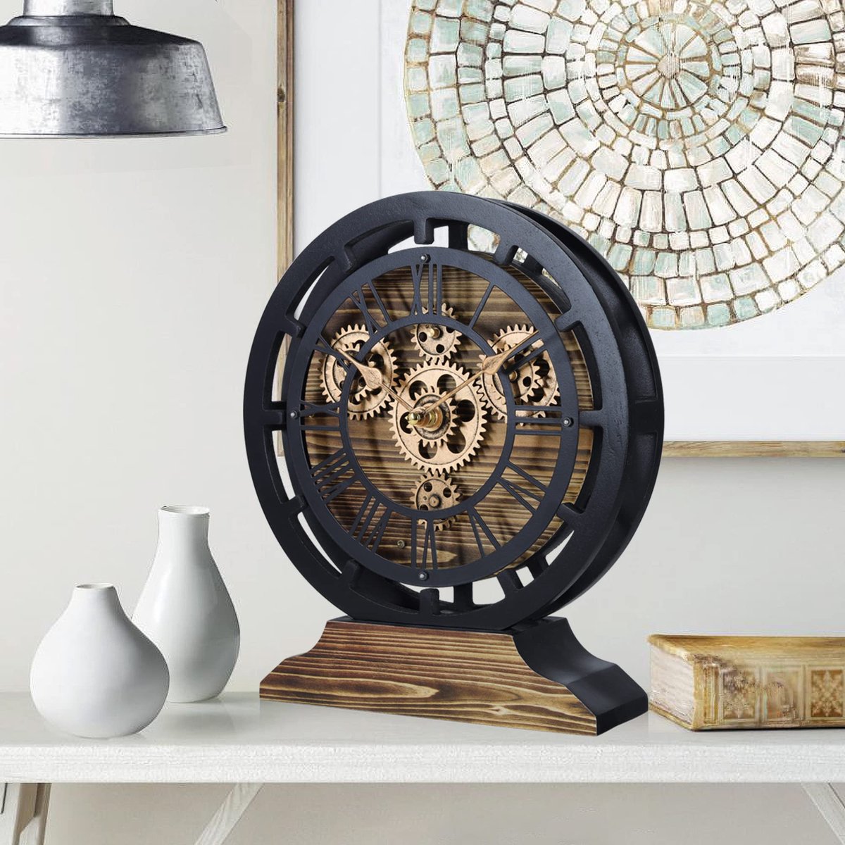 Tafelklok met Bewegende Tandwielen - Om te Bouwen tot Wandklok - Industrieel Steampunk - Zwart — cadeau in Wonen & Interieur - foto 2