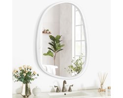 Lzuso Houten Frame Onregelmatige Ovale Wandspiegel Asymmetrische Moderne Spiegel Unieke Vorm Wandspiegel Artistieke Decoratie voor Slaapkamer Badkamer Woonkamer Entree Hal Groot Wit