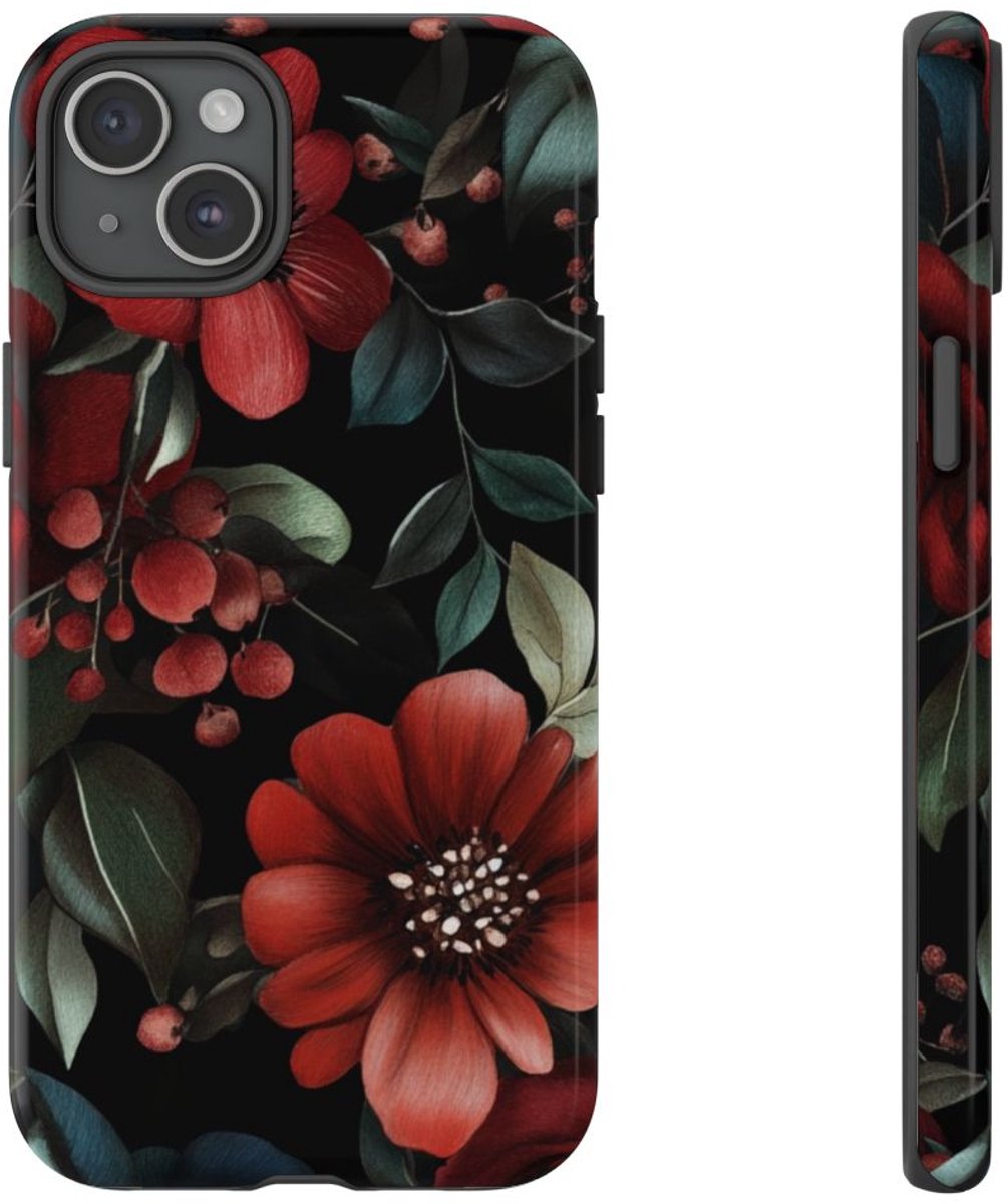 Dieprood en Groen Bloemenpatroon – Telefoonhoesje Geschikt voor iPhone 15 Plus