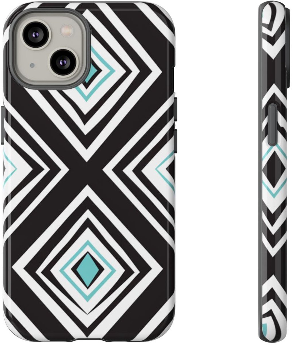 Geometrisch Zwart-Turquoise Diamantpatroon – Telefoonhoesje Geschikt voor iPhone 14